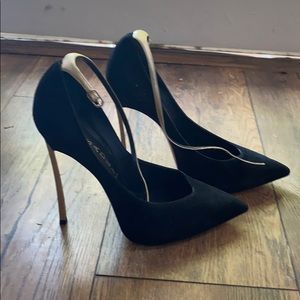 Casadei black and gold strappy blade heels